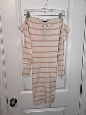 Hot & Delicious Cream & Pink Striped Off-Shoulder Ribbed Midi Dress